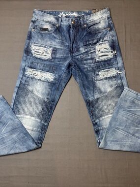 Fly Society Men’s Distressed Blue Moto Jeans